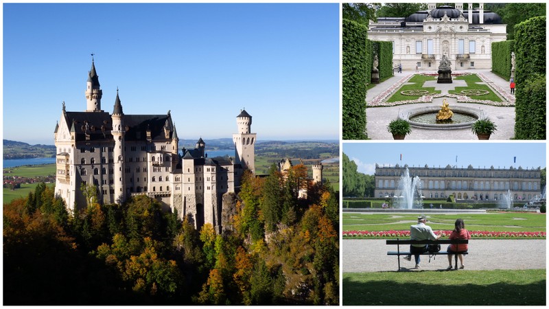 Fachadas de três castelos da Alemanha: Castelo Neuschwanstein, Palácio Linderhof e Palácio Herrenchiemsee