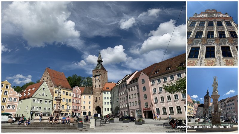 Praça principal de Landsberg am Lech com a Schmalzturm, fachada da Antiga Prefeitura e fonte de Maria